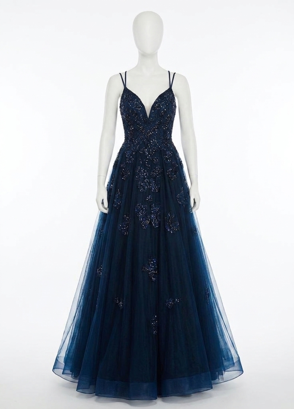 NEW RACHEL ALLAN beaded lace strappy tulle prom gown in navy